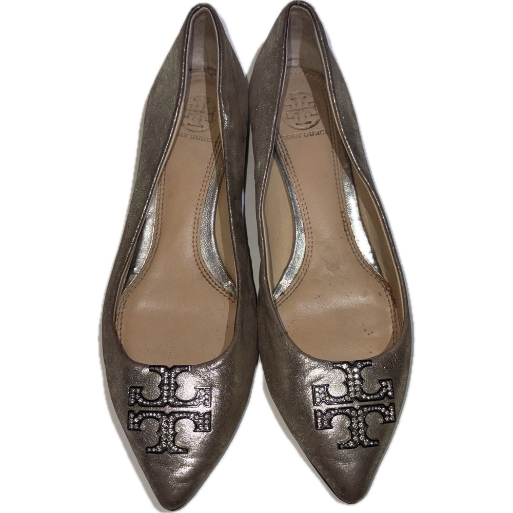 Tory Burch Logo Pointed Toe Flat Metallic Leather Crystal Pewter DISTRESSED 6.5M